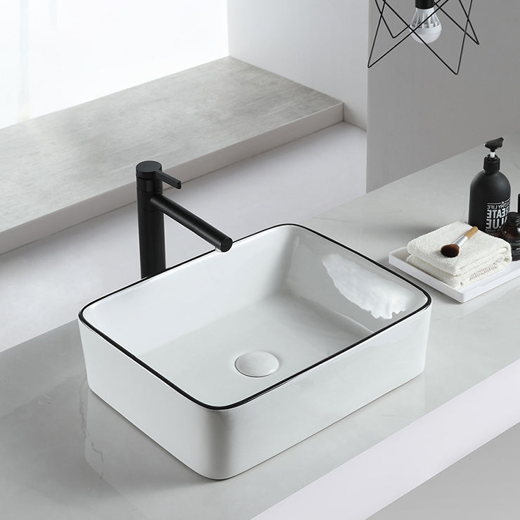 Modern Bathroom Sink Pop-Up Drain Porcelain Rectangular Vessel Sink 16"L x 12"W x 5"H Sink with Faucet Clearhalo 'Bathroom Remodel & Bathroom Fixtures' 'Bathroom Sinks & Faucet Components' 'Bathroom Sinks' 'bathroom_sink' 'Home Improvement' 'home_improvement' 'home_improvement_bathroom_sink' 6227638