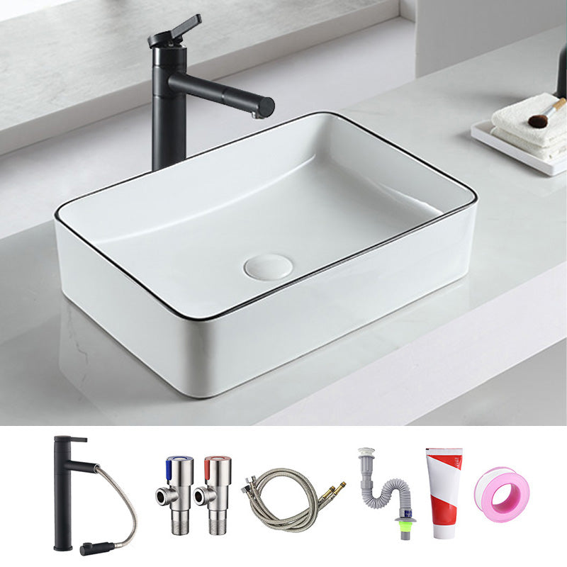 Modern Bathroom Sink Pop-Up Drain Porcelain Rectangular Vessel Sink 21"L x 15"W x 5"H Sink with Faucet Clearhalo 'Bathroom Remodel & Bathroom Fixtures' 'Bathroom Sinks & Faucet Components' 'Bathroom Sinks' 'bathroom_sink' 'Home Improvement' 'home_improvement' 'home_improvement_bathroom_sink' 6227650