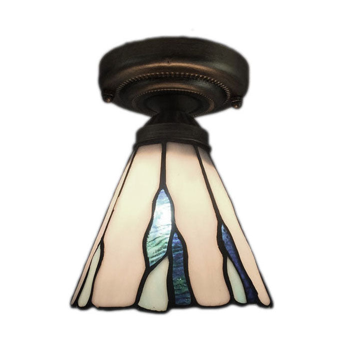 Stained Glass Conical Flush Light Tiffany 1 Light Flush Ceiling Light in White/Beige/Blue-White for Bedroom Lighting Clearhalo 'Ceiling Lights' 'Close To Ceiling Lights' 'Close to ceiling' 'Glass shade' 'Glass' 'Semi-flushmount' Lighting' 62354