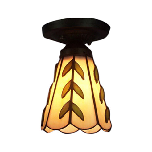 Stained Glass Conical Flush Light Tiffany 1 Light Flush Ceiling Light in White/Beige/Blue-White for Bedroom Lighting Beige Clearhalo 'Ceiling Lights' 'Close To Ceiling Lights' 'Close to ceiling' 'Glass shade' 'Glass' 'Semi-flushmount' Lighting' 62357