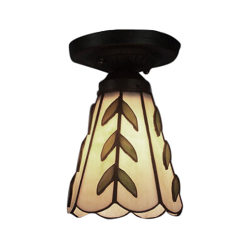 Stained Glass Conical Flush Light Tiffany 1 Light Flush Ceiling Light in White/Beige/Blue-White for Bedroom Lighting Clearhalo 'Ceiling Lights' 'Close To Ceiling Lights' 'Close to ceiling' 'Glass shade' 'Glass' 'Semi-flushmount' Lighting' 62358