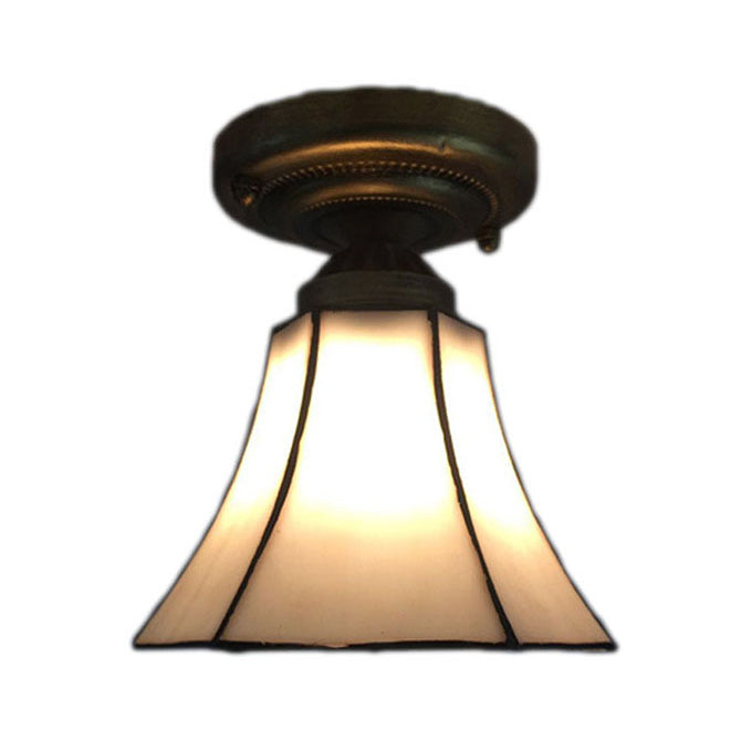 Stained Glass Conical Flush Light Tiffany 1 Light Flush Ceiling Light in White/Beige/Blue-White for Bedroom Lighting White Clearhalo 'Ceiling Lights' 'Close To Ceiling Lights' 'Close to ceiling' 'Glass shade' 'Glass' 'Semi-flushmount' Lighting' 62359