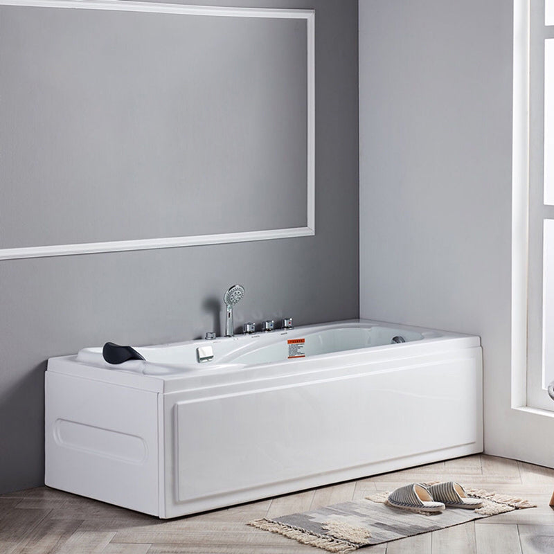 Modern Back to Wall Bathtub Rectangular White Acrylic Soaking Tub 59.1"L x 27.6"W x 21.3"H Massage Not Included Tub with Silver 5-Piece Set Clearhalo 'Bathroom Remodel & Bathroom Fixtures' 'Bathtubs' 'Home Improvement' 'home_improvement' 'home_improvement_bathtubs' 'Showers & Bathtubs' 6237439