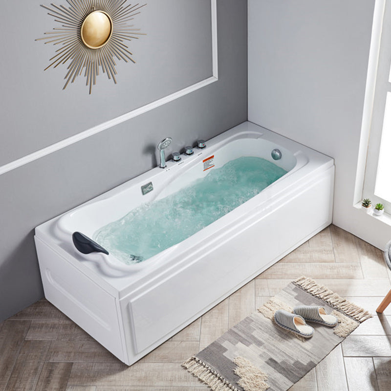 Modern Back to Wall Bathtub Rectangular White Acrylic Soaking Tub Massage Not Included Tub with Silver 5-Piece Set Clearhalo 'Bathroom Remodel & Bathroom Fixtures' 'Bathtubs' 'Home Improvement' 'home_improvement' 'home_improvement_bathtubs' 'Showers & Bathtubs' 6237440