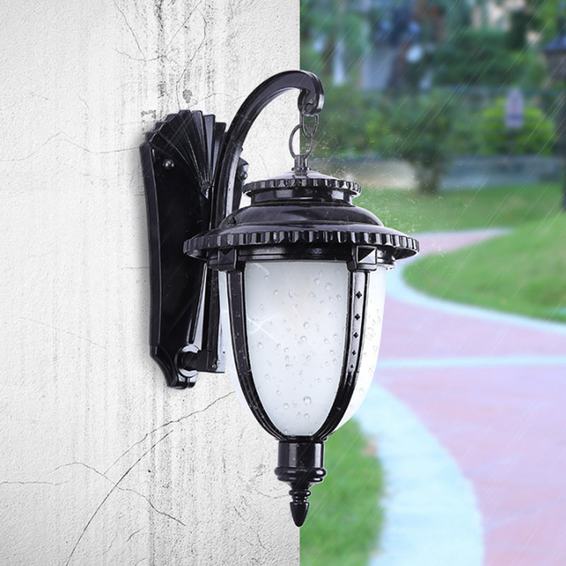 1 Bulb Urn Shape Sconce Lighting Country Black/Bronze White Glass Weather-Resistant Wall Lamp Fixture Black Clearhalo 'Wall Lamps & Sconces' 'Wall Lights' Lighting' 623771
