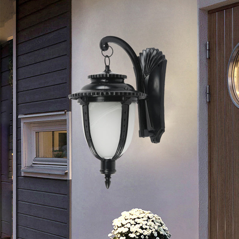 1 Bulb Urn Shape Sconce Lighting Country Black/Bronze White Glass Weather-Resistant Wall Lamp Fixture Clearhalo 'Wall Lamps & Sconces' 'Wall Lights' Lighting' 623772