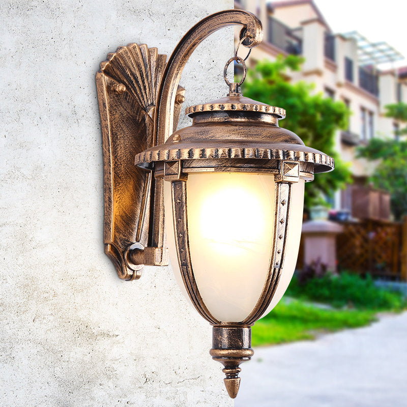 1 Bulb Urn Shape Sconce Lighting Country Black/Bronze White Glass Weather-Resistant Wall Lamp Fixture Bronze Clearhalo 'Wall Lamps & Sconces' 'Wall Lights' Lighting' 623776
