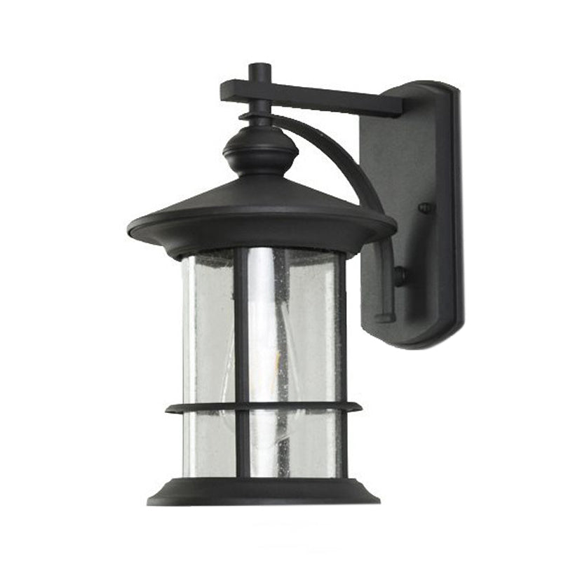 Clear Seeded Glass Cylinder Sconce Light Lodges 1-Bulb Outdoor Wall Mounted Lamp in Black/Coffee for Garden Clearhalo 'Wall Lamps & Sconces' 'Wall Lights' Lighting' 623798