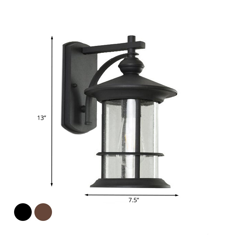 Clear Seeded Glass Cylinder Sconce Light Lodges 1-Bulb Outdoor Wall Mounted Lamp in Black/Coffee for Garden Clearhalo 'Wall Lamps & Sconces' 'Wall Lights' Lighting' 623799