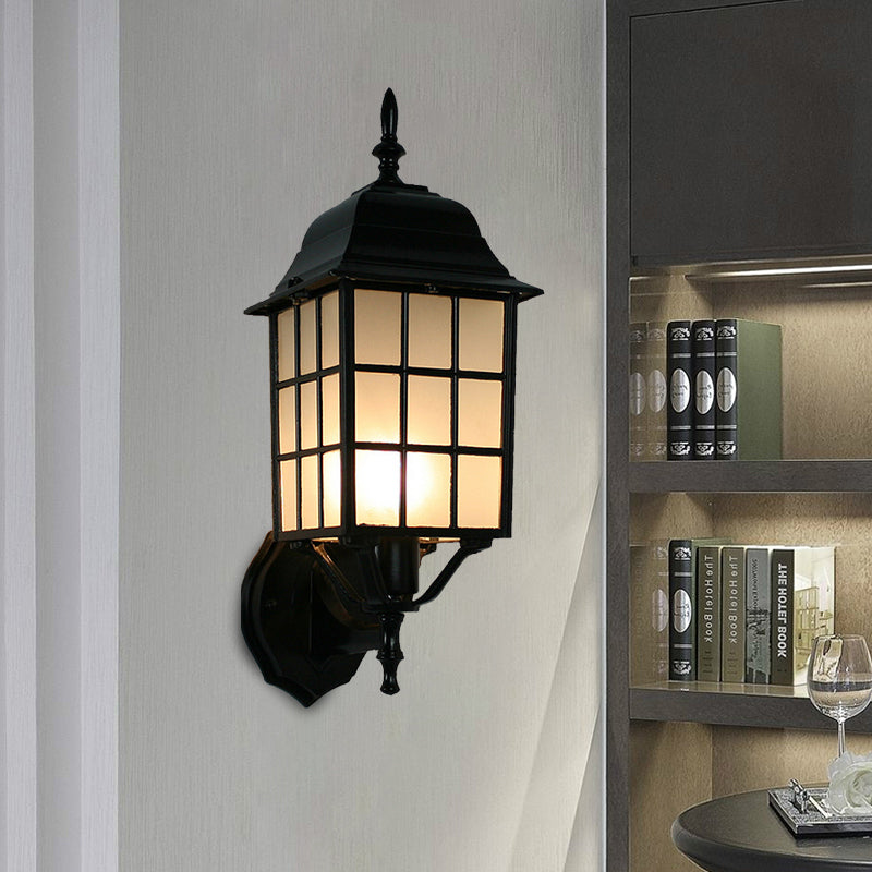 1-Head Sconce Countryside Grid Shape Aluminum Wall Mounted Light with Frosted Glass Shade in Black Black Clearhalo 'Wall Lamps & Sconces' 'Wall Lights' Lighting' 623841