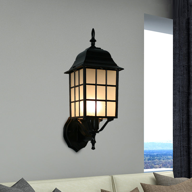 1-Head Sconce Countryside Grid Shape Aluminum Wall Mounted Light with Frosted Glass Shade in Black Clearhalo 'Wall Lamps & Sconces' 'Wall Lights' Lighting' 623842