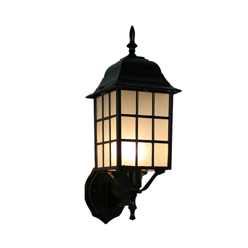 1-Head Sconce Countryside Grid Shape Aluminum Wall Mounted Light with Frosted Glass Shade in Black Clearhalo 'Wall Lamps & Sconces' 'Wall Lights' Lighting' 623843