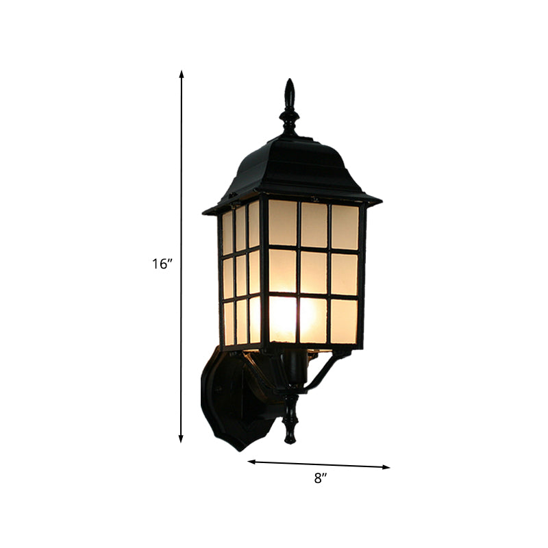 1-Head Sconce Countryside Grid Shape Aluminum Wall Mounted Light with Frosted Glass Shade in Black Clearhalo 'Wall Lamps & Sconces' 'Wall Lights' Lighting' 623845