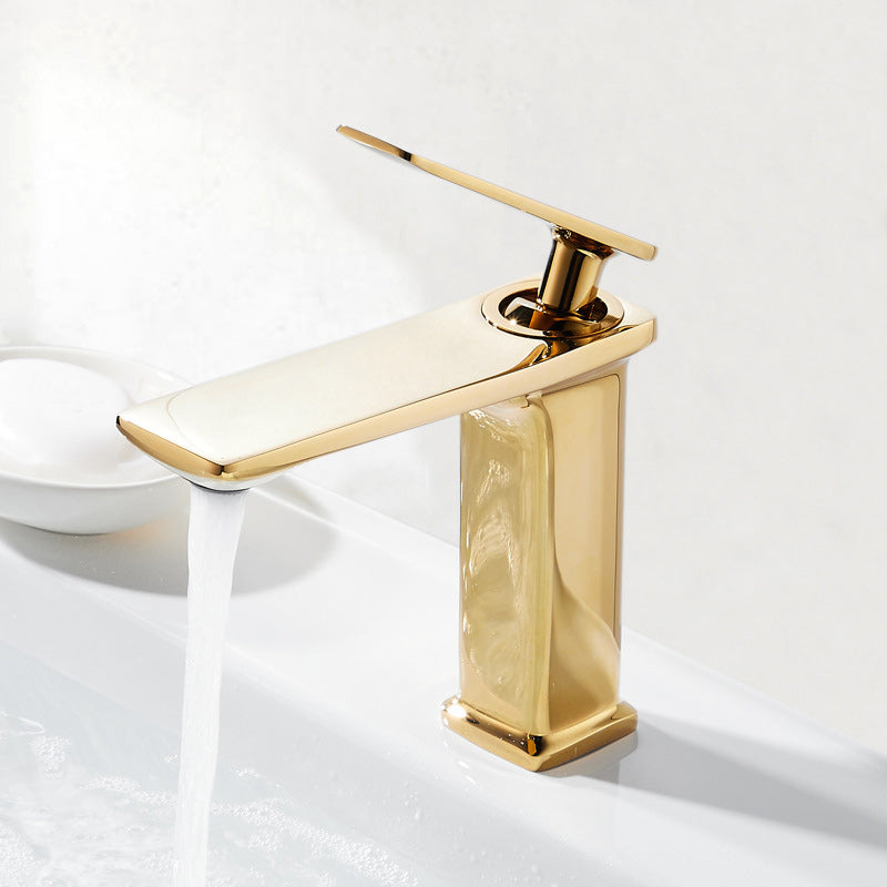 Single Hole Vanity Sink Faucet 6.69" H Modern Luxury Basin Faucet Gold Clearhalo 'Bathroom Remodel & Bathroom Fixtures' 'Bathroom Sink Faucets' 'Bathroom Sinks & Faucet Components' 'bathroom_sink_faucets' 'Home Improvement' 'home_improvement' 'home_improvement_bathroom_sink_faucets' 6238956