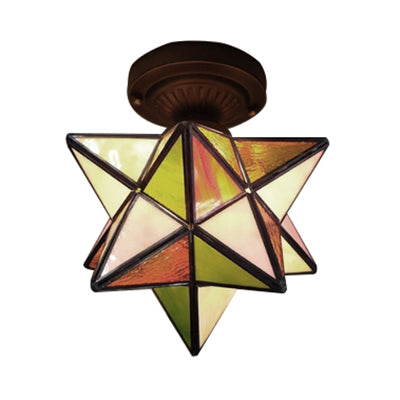 1 Head Star/Polygon Shaped Flush Ceiling Light Tiffany Colorful Glass Flush Mount Light for Corridor Clearhalo 'Ceiling Lights' 'Close To Ceiling Lights' 'Close to ceiling' 'Glass shade' 'Glass' 'Semi-flushmount' 'Tiffany close to ceiling' 'Tiffany' Lighting' 62391