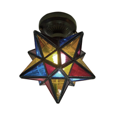 1 Head Star/Polygon Shaped Flush Ceiling Light Tiffany Colorful Glass Flush Mount Light for Corridor Clearhalo 'Ceiling Lights' 'Close To Ceiling Lights' 'Close to ceiling' 'Glass shade' 'Glass' 'Semi-flushmount' 'Tiffany close to ceiling' 'Tiffany' Lighting' 62392