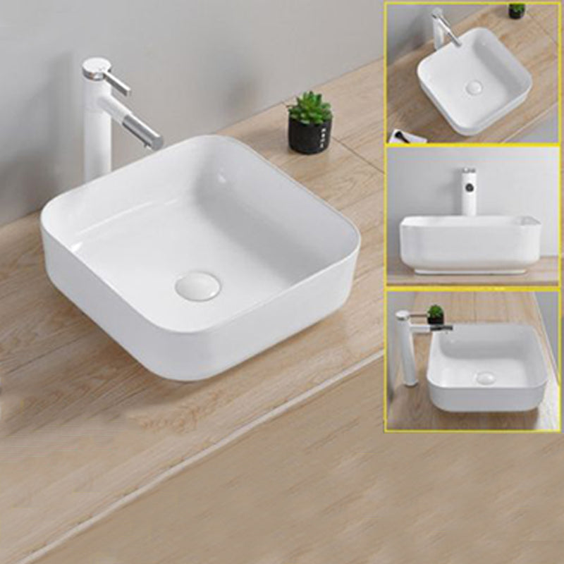 Modern Wash Stand Porcelain Rectangular with Drain Assembly and Pop-Up Drain Vessel Sink 15.4"L x 15.4"W x 5.7"H Clearhalo 'Bathroom Remodel & Bathroom Fixtures' 'Bathroom Sinks & Faucet Components' 'Bathroom Sinks' 'bathroom_sink' 'Home Improvement' 'home_improvement' 'home_improvement_bathroom_sink' 6255817