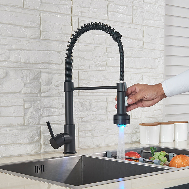 Brass Spring Spout Kitchen Faucet with Single Handle Kitchen Faucet with LED Lighting Black Clearhalo 'Home Improvement' 'home_improvement' 'home_improvement_kitchen_faucets' 'Kitchen Faucets' 'Kitchen Remodel & Kitchen Fixtures' 'Kitchen Sinks & Faucet Components' 'kitchen_faucets' 6284781