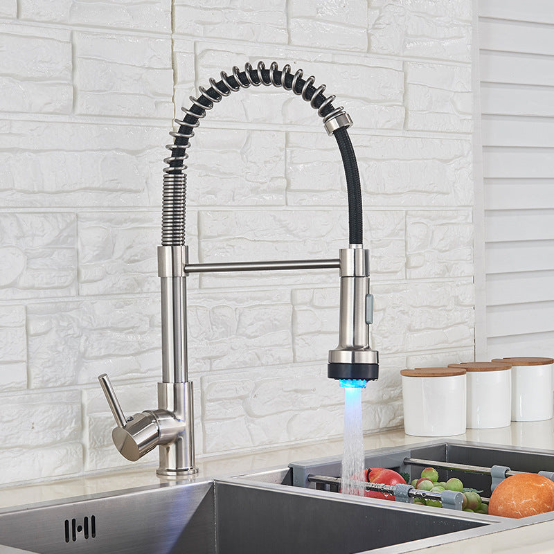 Brass Spring Spout Kitchen Faucet with Single Handle Kitchen Faucet with LED Lighting Nickel Clearhalo 'Home Improvement' 'home_improvement' 'home_improvement_kitchen_faucets' 'Kitchen Faucets' 'Kitchen Remodel & Kitchen Fixtures' 'Kitchen Sinks & Faucet Components' 'kitchen_faucets' 6284783