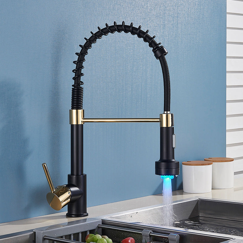 Brass Spring Spout Kitchen Faucet with Single Handle Kitchen Faucet with LED Lighting Black/ Gold Clearhalo 'Home Improvement' 'home_improvement' 'home_improvement_kitchen_faucets' 'Kitchen Faucets' 'Kitchen Remodel & Kitchen Fixtures' 'Kitchen Sinks & Faucet Components' 'kitchen_faucets' 6284784