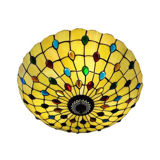 12/16/19.5-Inch Wide Bowl Ceiling Light Retro Style Stained Glass 1/2/3 Light Jewel Flushmount Ceiling Light in Beige/White/Yellow Beige 19.5" Clearhalo 'Ceiling Lights' 'Close To Ceiling Lights' 'Close to ceiling' 'Flush mount' Lighting' 63205