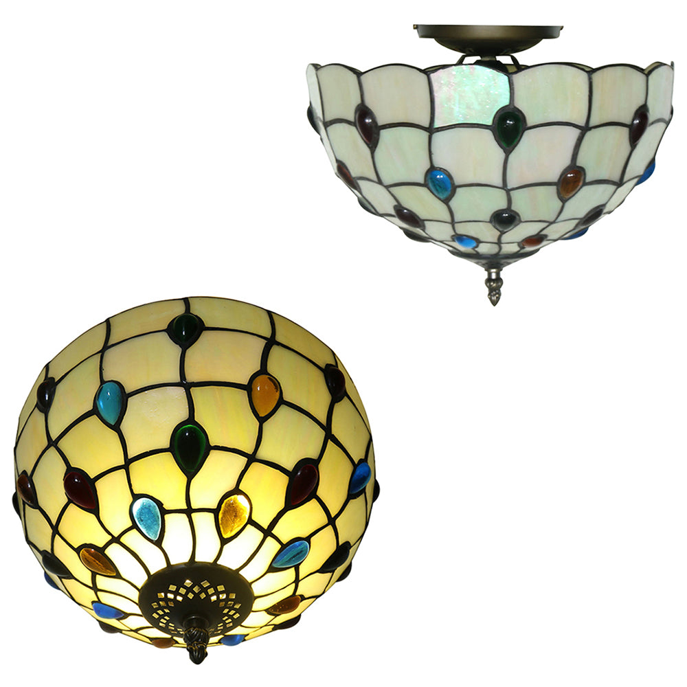 12/16/19.5-Inch Wide Bowl Ceiling Light Retro Style Stained Glass 1/2/3 Light Jewel Flushmount Ceiling Light in Beige/White/Yellow Clearhalo 'Ceiling Lights' 'Close To Ceiling Lights' 'Close to ceiling' 'Flush mount' Lighting' 63208