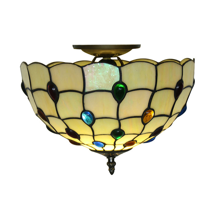 12/16/19.5-Inch Wide Bowl Ceiling Light Retro Style Stained Glass 1/2/3 Light Jewel Flushmount Ceiling Light in Beige/White/Yellow Yellow 16" Clearhalo 'Ceiling Lights' 'Close To Ceiling Lights' 'Close to ceiling' 'Flush mount' Lighting' 63209