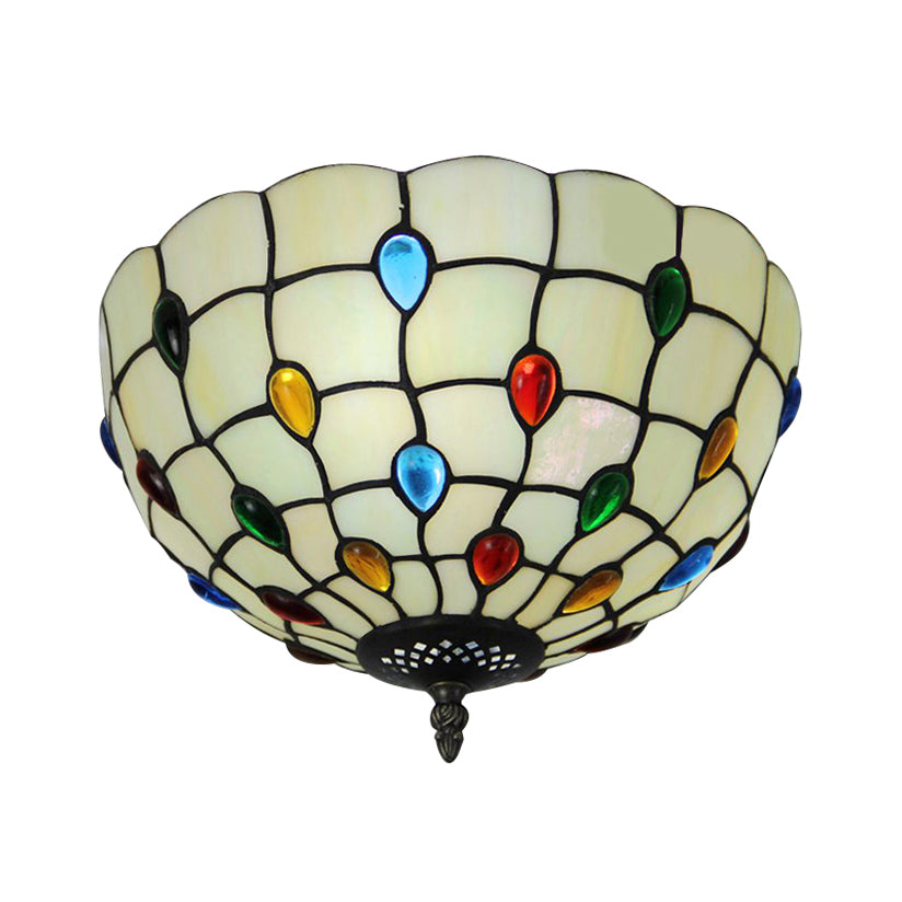 12/16/19.5-Inch Wide Bowl Ceiling Light Retro Style Stained Glass 1/2/3 Light Jewel Flushmount Ceiling Light in Beige/White/Yellow White 16" Clearhalo 'Ceiling Lights' 'Close To Ceiling Lights' 'Close to ceiling' 'Flush mount' Lighting' 63210