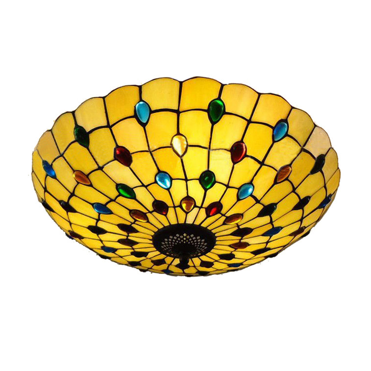 12/16/19.5-Inch Wide Bowl Ceiling Light Retro Style Stained Glass 1/2/3 Light Jewel Flushmount Ceiling Light in Beige/White/Yellow Yellow 12" Clearhalo 'Ceiling Lights' 'Close To Ceiling Lights' 'Close to ceiling' 'Flush mount' Lighting' 63213