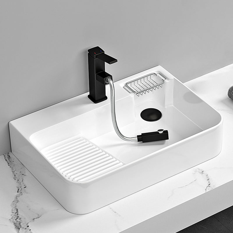 Contemporary Bathroom Sink Porcelain Solid Color Rectangular Vessel Sink with Pop-Up Drain Clearhalo 'Bathroom Remodel & Bathroom Fixtures' 'Bathroom Sinks & Faucet Components' 'Bathroom Sinks' 'bathroom_sink' 'Home Improvement' 'home_improvement' 'home_improvement_bathroom_sink' 6327913