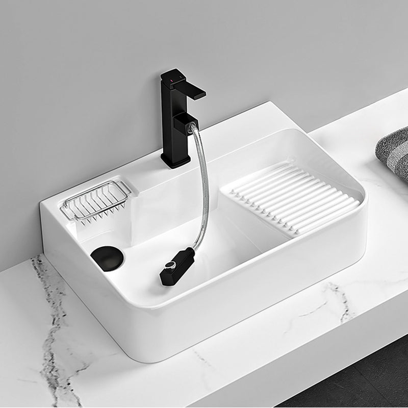 Contemporary Bathroom Sink Porcelain Solid Color Rectangular Vessel Sink with Pop-Up Drain Clearhalo 'Bathroom Remodel & Bathroom Fixtures' 'Bathroom Sinks & Faucet Components' 'Bathroom Sinks' 'bathroom_sink' 'Home Improvement' 'home_improvement' 'home_improvement_bathroom_sink' 6327930