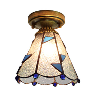 Stained Glass Cone Flush Light Tiffany 1 Light Lodge Style Flush Ceiling Light in Clear/Blue for Corridor Clear Clearhalo 'Ceiling Lights' 'Close To Ceiling Lights' 'Close to ceiling' 'Glass shade' 'Glass' 'Semi-flushmount' 'Tiffany close to ceiling' 'Tiffany' Lighting' 63281