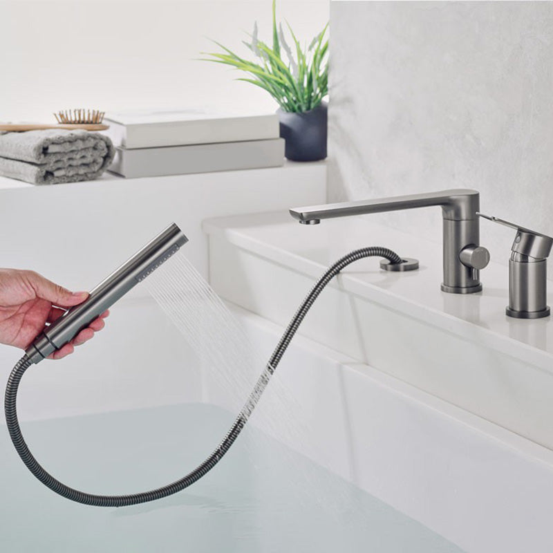 Modern Bathtub Faucet Deck Mounted Roman Tub Faucet Trim with Handshower Clearhalo 'Bathroom Remodel & Bathroom Fixtures' 'Bathtub Faucets' 'bathtub_faucets' 'Home Improvement' 'home_improvement' 'home_improvement_bathtub_faucets' 6328325