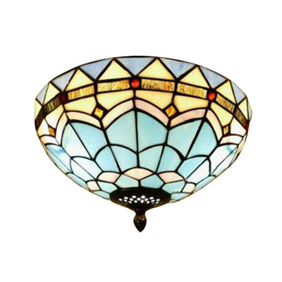 12"/16"/19.5" W Stained Glass Bowl Flush Mount Ceiling Light Lodge 1/2/4 Light Flush Mount Light in Blue/Light Blue for Living Room Blue 12" Clearhalo 'Ceiling Lights' 'Close To Ceiling Lights' 'Close to ceiling' 'Flush mount' Lighting' 63334