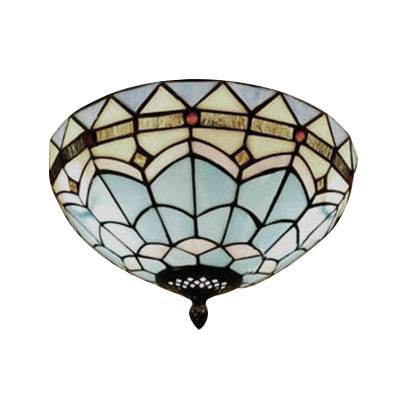 12"/16"/19.5" W Stained Glass Bowl Flush Mount Ceiling Light Lodge 1/2/4 Light Flush Mount Light in Blue/Light Blue for Living Room Clearhalo 'Ceiling Lights' 'Close To Ceiling Lights' 'Close to ceiling' 'Flush mount' Lighting' 63335