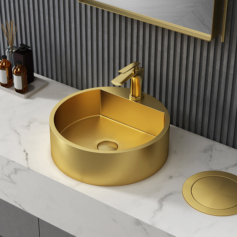 Modern Bathroom Sink Porcelain Pop-Up Drain Solid Color Round Vessel Gold Sink with Faucet Clearhalo 'Bathroom Remodel & Bathroom Fixtures' 'Bathroom Sinks & Faucet Components' 'Bathroom Sinks' 'bathroom_sink' 'Home Improvement' 'home_improvement' 'home_improvement_bathroom_sink' 6333589