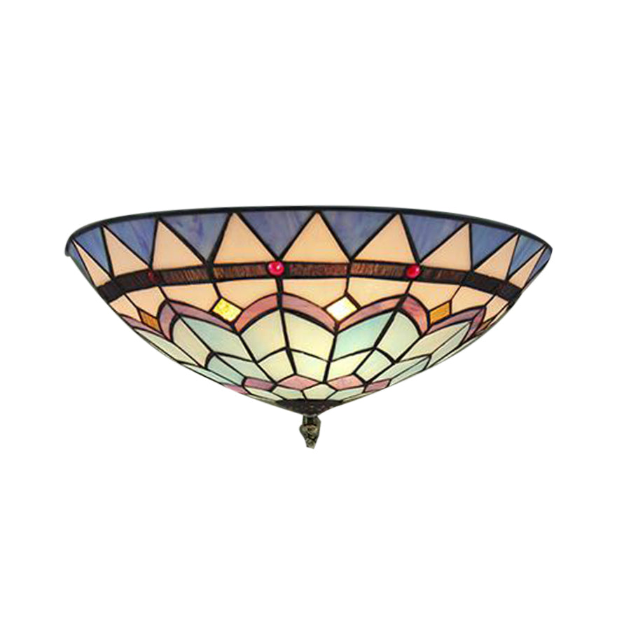 12"/16"/19.5" W Stained Glass Bowl Flush Mount Ceiling Light Lodge 1/2/4 Light Flush Mount Light in Blue/Light Blue for Living Room Blue 16" Clearhalo 'Ceiling Lights' 'Close To Ceiling Lights' 'Close to ceiling' 'Flush mount' Lighting' 63336