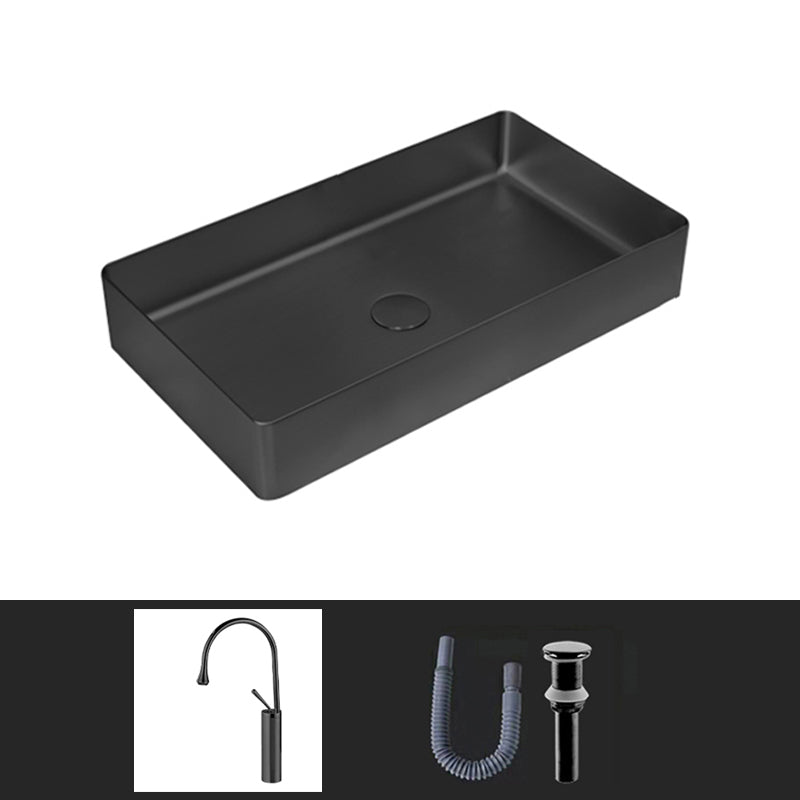 Contemporary Bathroom Sink Pop-Up Drain Metal Solid Color Rectangular Vessel Sink Black Sink with Faucet Clearhalo 'Bathroom Remodel & Bathroom Fixtures' 'Bathroom Sinks & Faucet Components' 'Bathroom Sinks' 'bathroom_sink' 'Home Improvement' 'home_improvement' 'home_improvement_bathroom_sink' 6333623