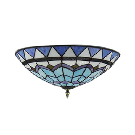 12"/16"/19.5" W Stained Glass Bowl Flush Mount Ceiling Light Lodge 1/2/4 Light Flush Mount Light in Blue/Light Blue for Living Room Clearhalo 'Ceiling Lights' 'Close To Ceiling Lights' 'Close to ceiling' 'Flush mount' Lighting' 63337