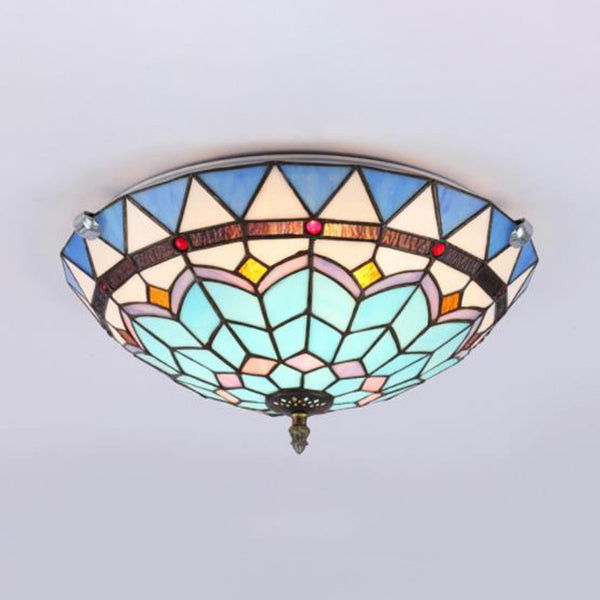 12"/16"/19.5" W Stained Glass Bowl Flush Mount Ceiling Light Lodge 1/2/4 Light Flush Mount Light in Blue/Light Blue for Living Room Clearhalo 'Ceiling Lights' 'Close To Ceiling Lights' 'Close to ceiling' 'Flush mount' Lighting' 63338