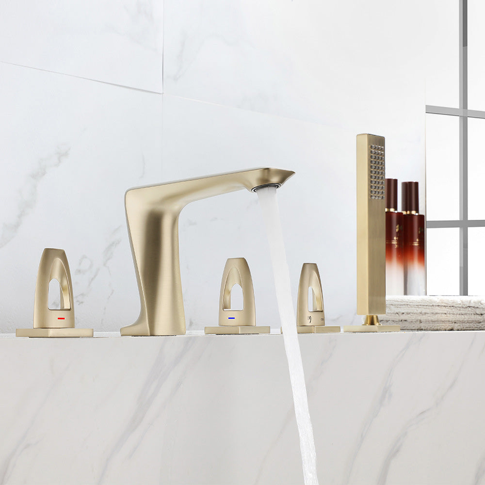 3 Handle Roman Tub Filler Deck Mounted Bathtub Faucet with Handshower Gold Clearhalo 'Bathroom Remodel & Bathroom Fixtures' 'Bathtub Faucets' 'bathtub_faucets' 'Home Improvement' 'home_improvement' 'home_improvement_bathtub_faucets' 6333835