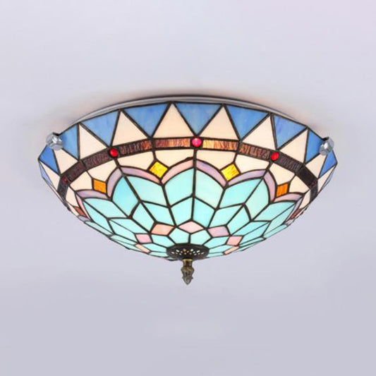 12"/16"/19.5" W Stained Glass Bowl Flush Mount Ceiling Light Lodge 1/2/4 Light Flush Mount Light in Blue/Light Blue for Living Room Clearhalo 'Ceiling Lights' 'Close To Ceiling Lights' 'Close to ceiling' 'Flush mount' Lighting' 63338