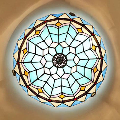 12"/16"/19.5" W Stained Glass Bowl Flush Mount Ceiling Light Lodge 1/2/4 Light Flush Mount Light in Blue/Light Blue for Living Room Clearhalo 'Ceiling Lights' 'Close To Ceiling Lights' 'Close to ceiling' 'Flush mount' Lighting' 63339