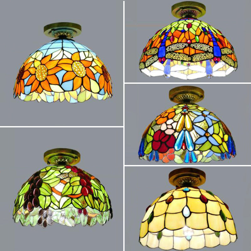 Stained Glass Dome Flush Light with Sunflower/Rose/Pearl/Grape/Dragonfly Pattern Rustic Tiffany 1 Light Flush Ceiling Light in Antique Brass Clearhalo 'Ceiling Lights' 'Chandeliers' 'Close To Ceiling Lights' 'Close to ceiling' 'Glass shade' 'Glass' 'Semi-flushmount' 'Tiffany close to ceiling' 'Tiffany' Lighting' 63502