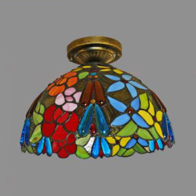 Stained Glass Dome Flush Light with Sunflower/Rose/Pearl/Grape/Dragonfly Pattern Rustic Tiffany 1 Light Flush Ceiling Light in Antique Brass Clearhalo 'Ceiling Lights' 'Chandeliers' 'Close To Ceiling Lights' 'Close to ceiling' 'Glass shade' 'Glass' 'Semi-flushmount' 'Tiffany close to ceiling' 'Tiffany' Lighting' 63504