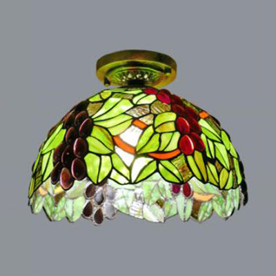 Stained Glass Dome Flush Light with Sunflower/Rose/Pearl/Grape/Dragonfly Pattern Rustic Tiffany 1 Light Flush Ceiling Light in Antique Brass Antique Brass Grape Clearhalo 'Ceiling Lights' 'Chandeliers' 'Close To Ceiling Lights' 'Close to ceiling' 'Glass shade' 'Glass' 'Semi-flushmount' 'Tiffany close to ceiling' 'Tiffany' Lighting' 63505