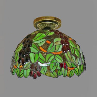 Stained Glass Dome Flush Light with Sunflower/Rose/Pearl/Grape/Dragonfly Pattern Rustic Tiffany 1 Light Flush Ceiling Light in Antique Brass Clearhalo 'Ceiling Lights' 'Chandeliers' 'Close To Ceiling Lights' 'Close to ceiling' 'Glass shade' 'Glass' 'Semi-flushmount' 'Tiffany close to ceiling' 'Tiffany' Lighting' 63506