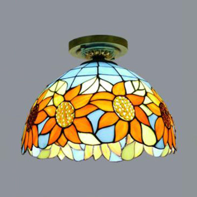 Stained Glass Dome Flush Light with Sunflower/Rose/Pearl/Grape/Dragonfly Pattern Rustic Tiffany 1 Light Flush Ceiling Light in Antique Brass Clearhalo 'Ceiling Lights' 'Chandeliers' 'Close To Ceiling Lights' 'Close to ceiling' 'Glass shade' 'Glass' 'Semi-flushmount' 'Tiffany close to ceiling' 'Tiffany' Lighting' 63507