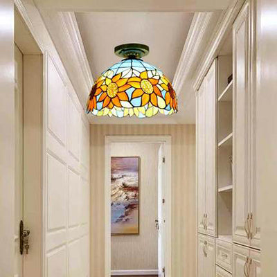 Stained Glass Dome Flush Light with Sunflower/Rose/Pearl/Grape/Dragonfly Pattern Rustic Tiffany 1 Light Flush Ceiling Light in Antique Brass Antique Brass Sunflower Clearhalo 'Ceiling Lights' 'Chandeliers' 'Close To Ceiling Lights' 'Close to ceiling' 'Glass shade' 'Glass' 'Semi-flushmount' 'Tiffany close to ceiling' 'Tiffany' Lighting' 63509