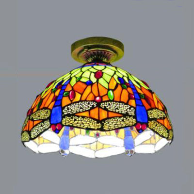 Stained Glass Dome Flush Light with Sunflower/Rose/Pearl/Grape/Dragonfly Pattern Rustic Tiffany 1 Light Flush Ceiling Light in Antique Brass Antique Brass Dragonfly Clearhalo 'Ceiling Lights' 'Chandeliers' 'Close To Ceiling Lights' 'Close to ceiling' 'Glass shade' 'Glass' 'Semi-flushmount' 'Tiffany close to ceiling' 'Tiffany' Lighting' 63510